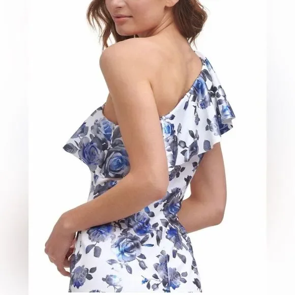 ELIZA J One Shoulder Sheath Dress Size 6 Blue Floral Print Metallic Ruffle New - Picture 4 of 13